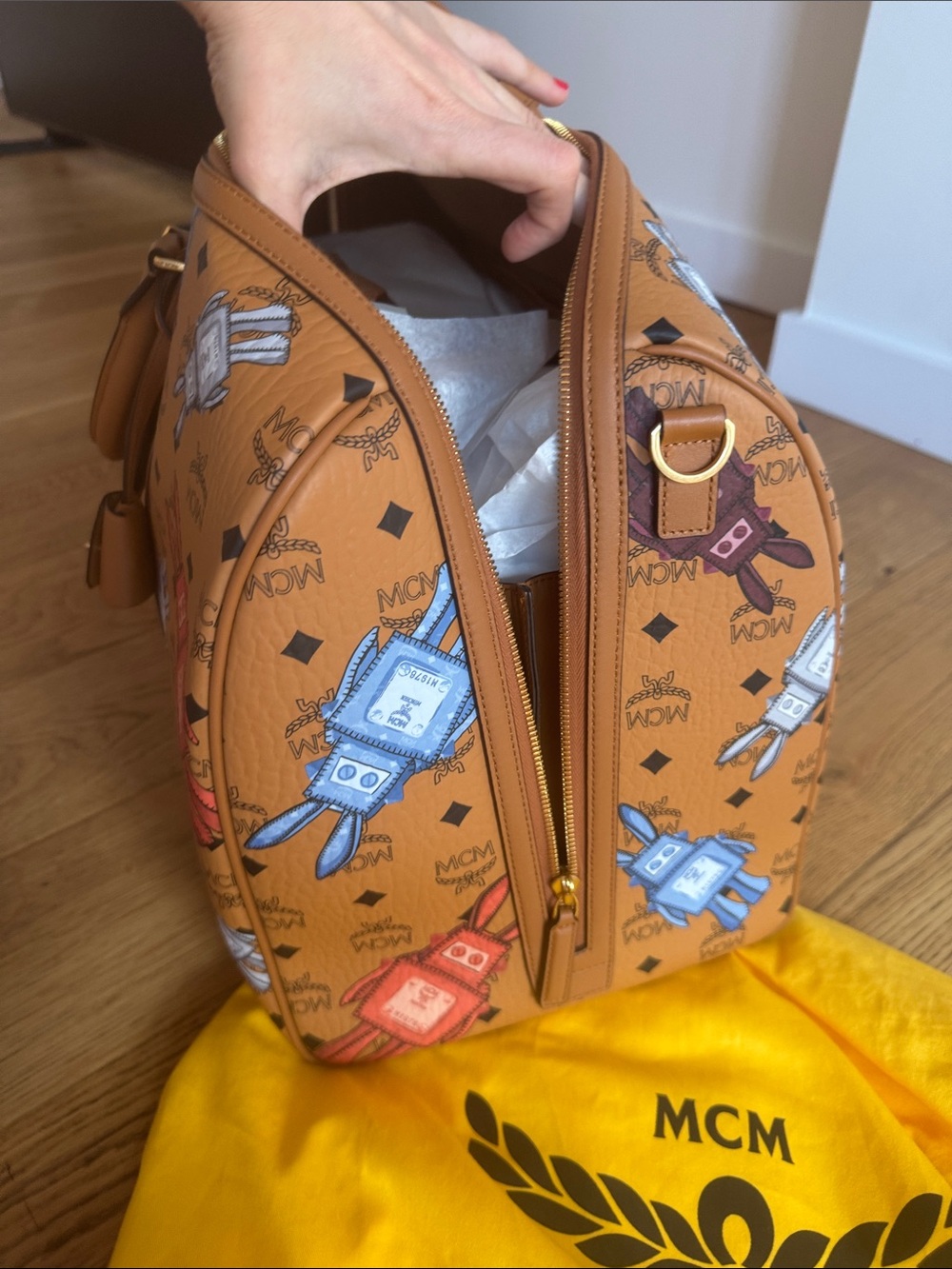 Brand New MCM Cognac Visetos Weekender with Multicolor Perfume Bottle Print. - Picture 7 of 7